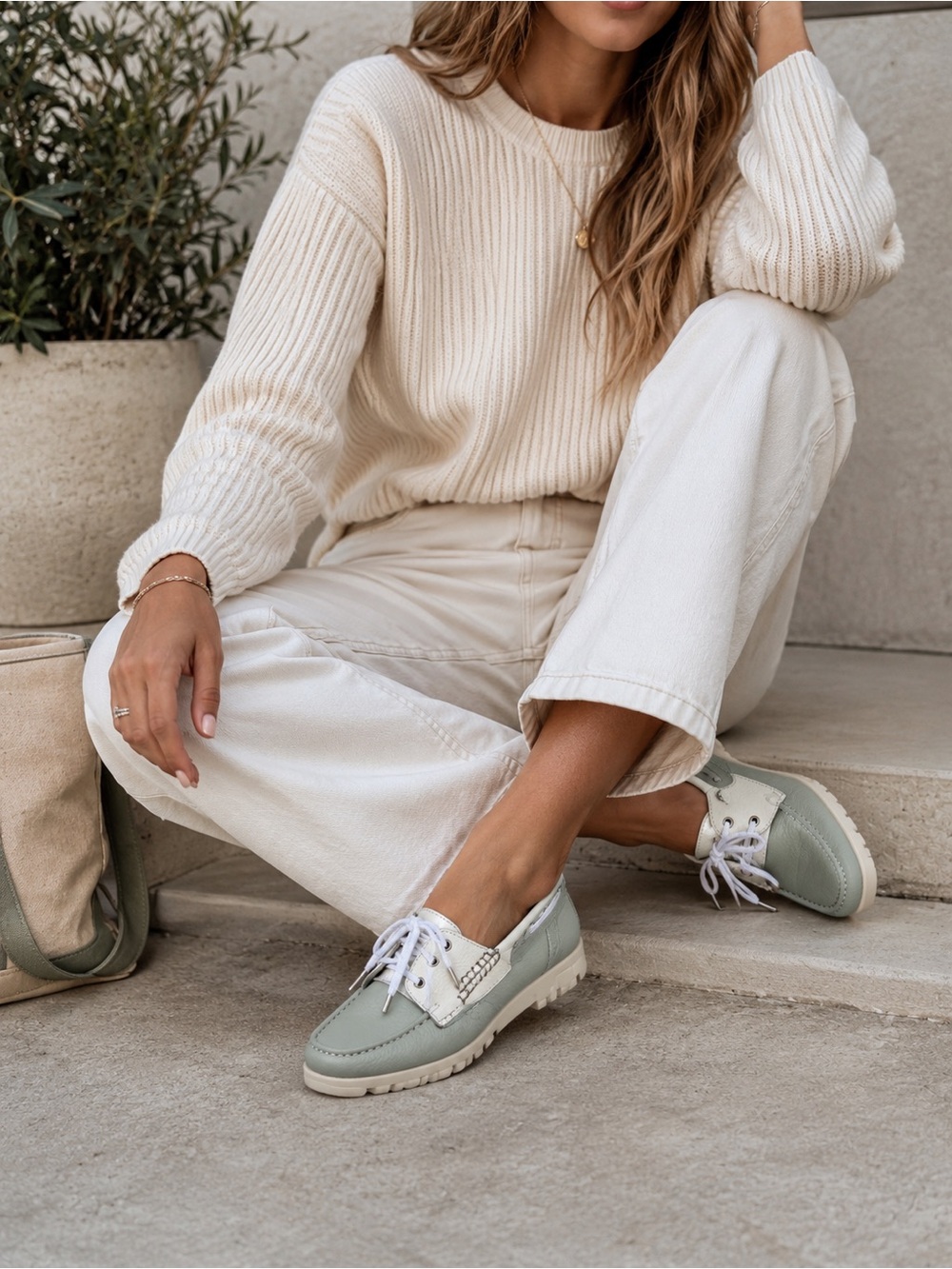 Marc Joseph Sage Green and White Leather Moccasins